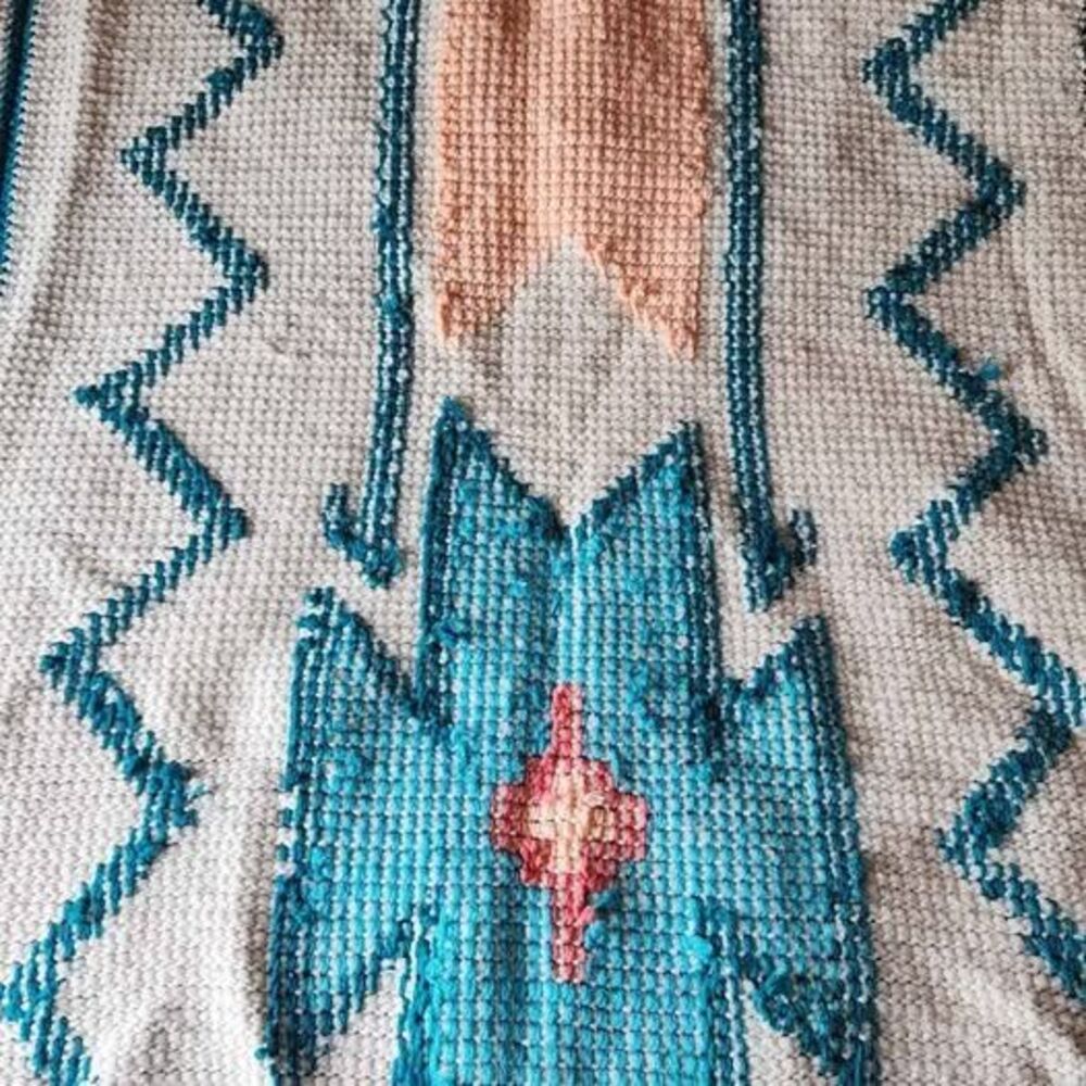 Vintage Handmade Southwestern Crochet Afghan Blanket Throw – Teal & Peach (42"x6